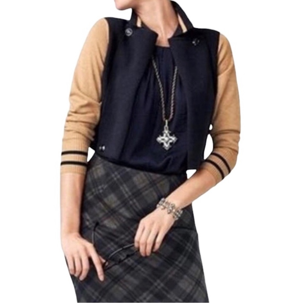 CAbi Turn Back Cardigan Colorblock Open Front Size Small #3703 Navy Tan Blue